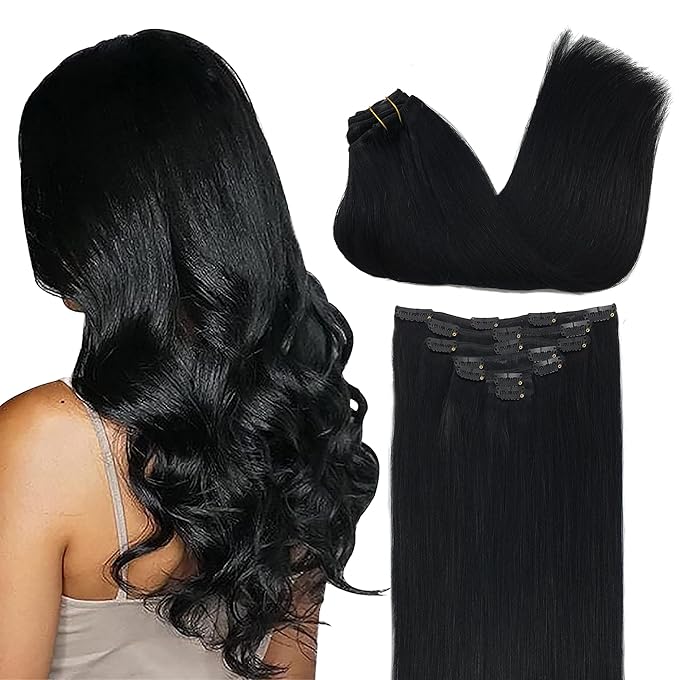 GOO GOO Clip in Hair Extensions Real Human Hair, Remy Human Hair Extensions Clip ins for Women, Natural Human Hair, 18inch 180g 7Pcs, #1 Jet Black