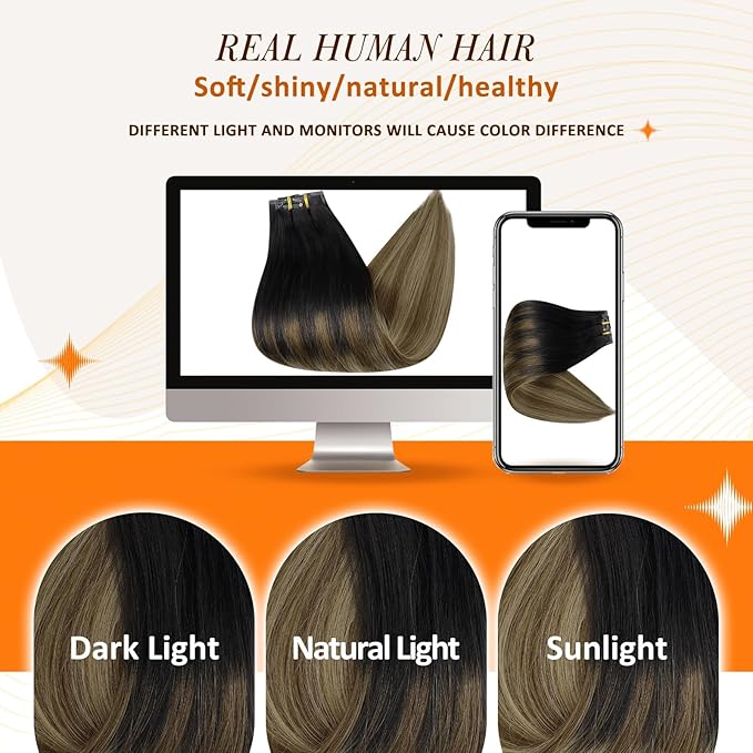 Full Shine Clip in Hair Extensions Black Hair Extensions Ombre Hair Extensions Clip Ins，16 Inch Natural Black To Medium Brown And Honey Blonde Invisile Hair Extensions With Pu Skin Weft 8pcs 120g