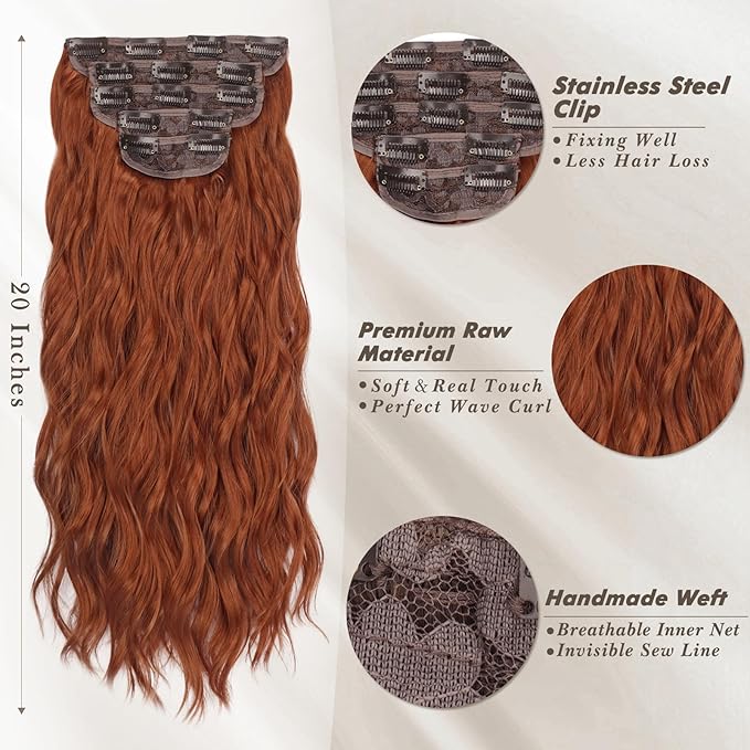 BARSDAR 20 Inch Wavy Clip in Hair Extensions – 5PCS Thick Soft Synthetic Hairpieces – Copper Red Full Head Clip in Hair Extensions for Women – Long Voluminous Easy Wear for Daily Party Halloween