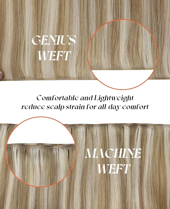 Sunny Hair Genius Weft Remy Hair Extensions 24inch Hand Tied Weft Hair Extensions Lightweight Golden Blonde Highlights Light Blonde 80g