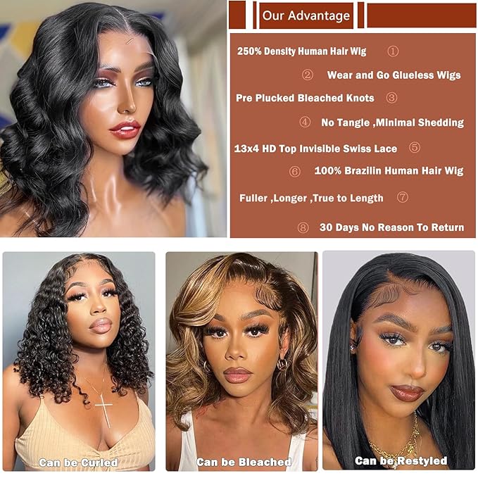 Bob Wig Human Hair Body Wave HD Lace Front Wigs Human Hair 250% Density 13x4 Glueless Wigs Human Hair Pre Plucked Short Bob Wigs for Black Women Natural Black Color (10 inch, Bob Wig)