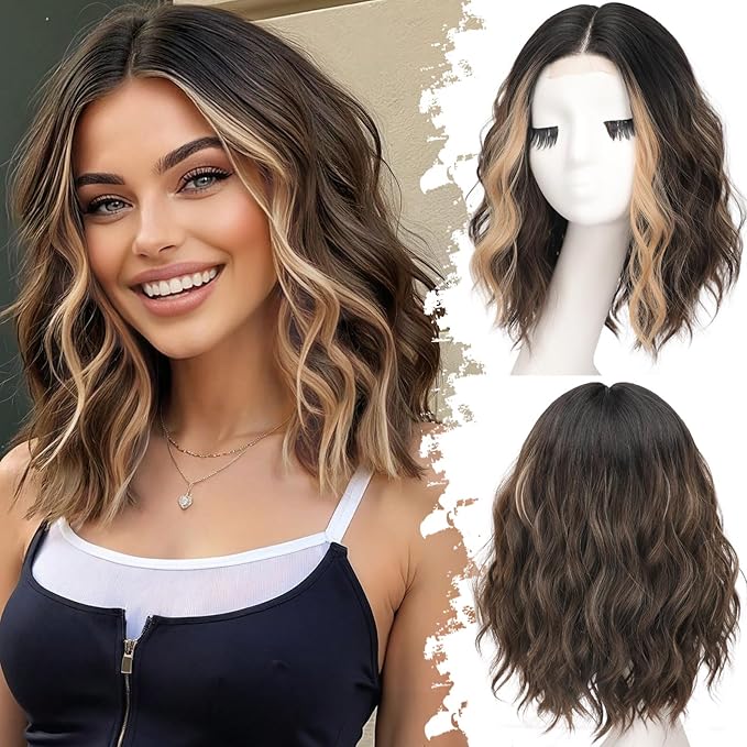 Dark Brown Mix Light Blonde Short Wavy Wig for Women Lace Hairline Bob Style Synthetic Heat Resistant - Natural Appearance for Everyday Hairstyle 14 Inch