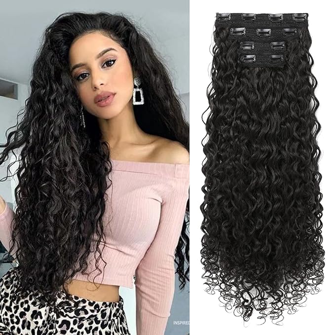 LONAI 4PC Clip in Hair Extensions, 100％ Pure Protein Silk Curly Hair Extension for Women, 26 Inch Long Soft Natural Hair Extensions-Black Brown