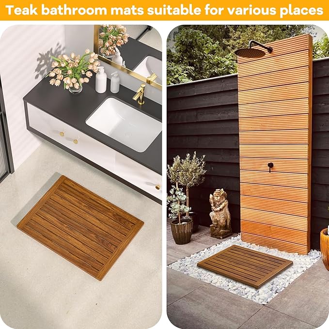 Teak Shower Mat, 24"x18" Wood Non-Slip Bathroom Teak Bath Mats for Bathroom, Wooden Floor Mat Bathroom Mat for Inside, Outdoor or Spa(Medium)