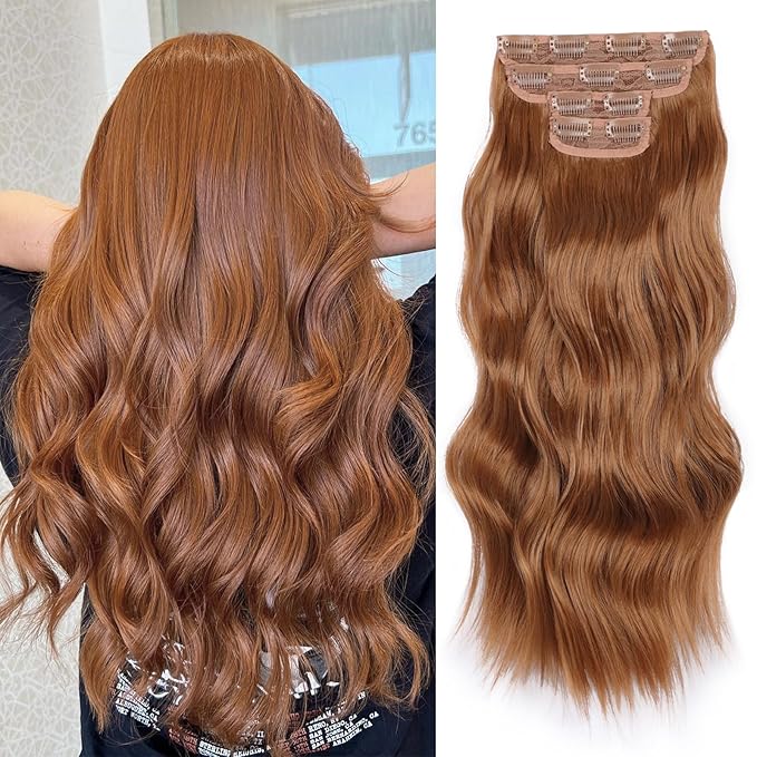 Vigorous Clip in Hair Extensions 4Pcs Long Wavy Hairpieces 20Inch Hair Extensions Clip Ins Soft Synthetic Hairpieces for Women （Orange Auburn）