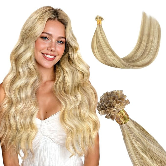 GOO GOO Mini Flat Tip Hair Extensions K Tip, Invisible Hot Fusion Human Hair Extensions, 22inch 50g 63S, 16/22 Light Blonde Highlighted Golden Blonde