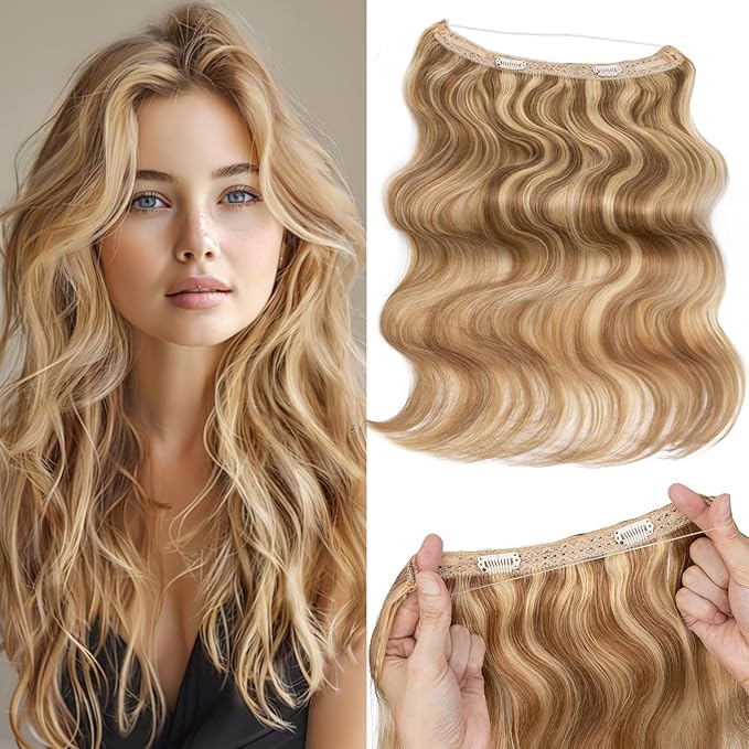 Halo Hair Extensions Real Human Hair,Halo Hair Extension 100% Human Hair,Wire Hair Extensions,Wavy Golden Brown Mixed Bleach Blonde,22 inch/75g