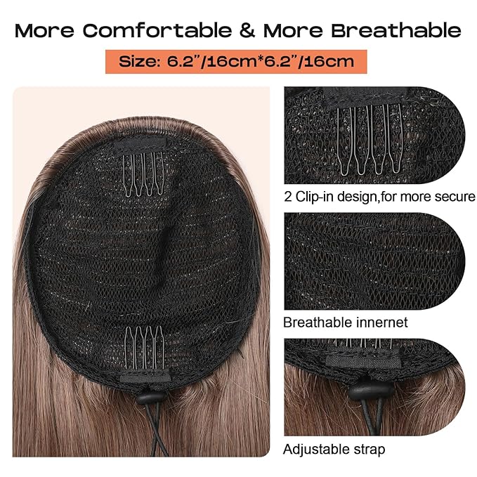 SEIKEA Ponytail Extensions Drawstring Long Straight Fake Pony Tail Natural Soft Clip in Hair Extension Synthetic Heat Resistant Hairpiece 20 Inch Black Brown