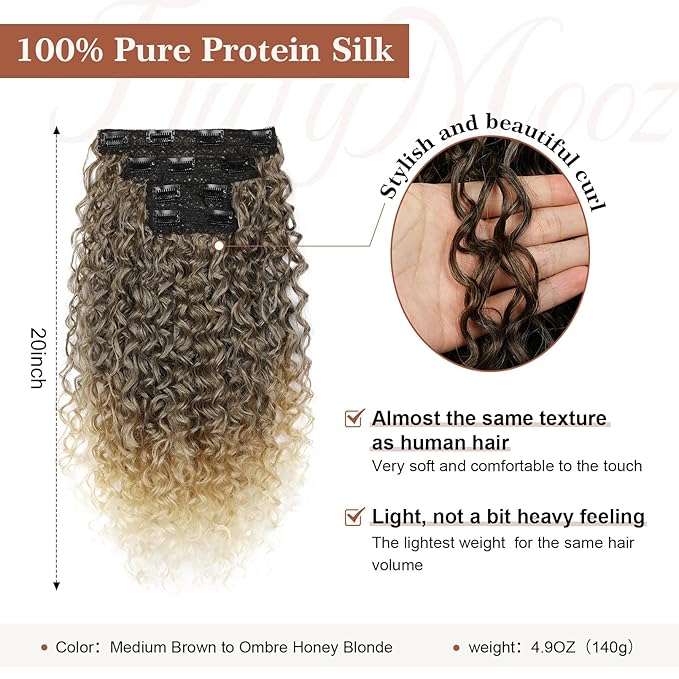 Clip in Hair Extensions, FLUFYMOOZ 4PC 100％ Pure Protein Silk Hair Extensions Long Soft Natural Hairpiece 20 Inch Curly Hair Extension for Women Medium Brown to Ombre Honey Blonde