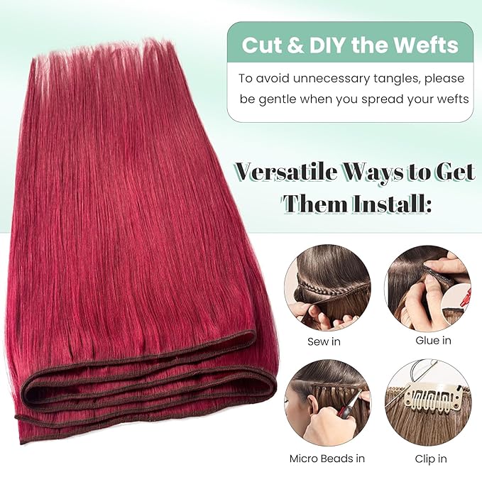 Burgundy Red Real Human Hair Weft Extensions Sew in 20 Inch 100G Hair Wefts Hand Tied Human Hair Extensions, Full Straight Burgundy Red Wine Sew in Weft Hair Extensions Human Hair Weave Bundles