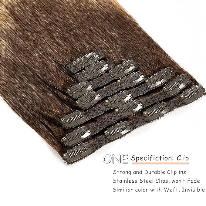 Caliee Human Hair Clip in Extensions Ombre T3-12 Darker Brown Fading to Light Golden Brown Hair Extensions Clip in Human Hair 14 Inch 7 PCS 120 G Natural Straight Invisible Lace Weft Soft