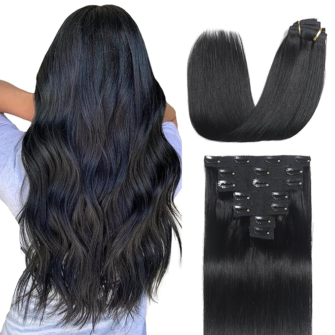 Sisily Clip in Hair Extensions Real Human Hair, 24 inch 120g, Jet Black, 100% Brazilian Remy Human Hair Clip in Extensions Soft Straight 7pcs Per Set with 16 Clips Double Weft
