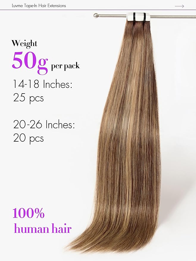 LUVME Invisible Tape in Hair Extensions Human Hair 24 Inch 50g 20pcs Warm Ash Balayage Highlight Straight Double Sided Seamless Tape Extensions