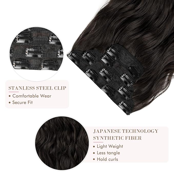 REECHO Hair Extensions, 4PCS Clip in Hair Extensions HE001 Natural Soft Synthetic Hairpieces for Women, Black Brown