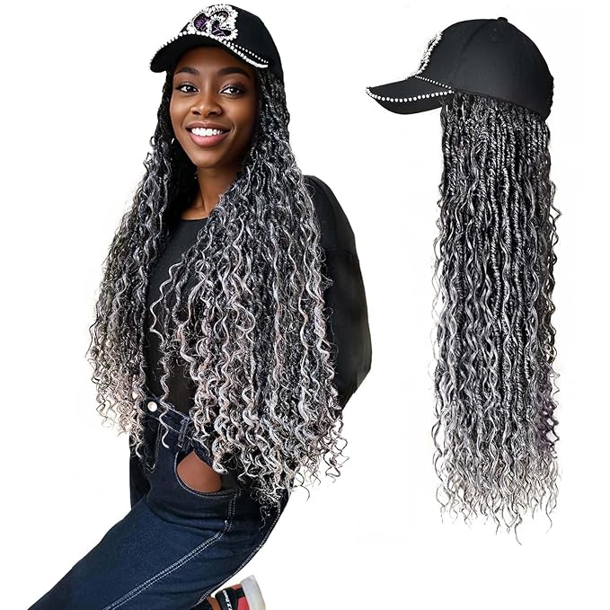26" Boho Goddess River Locs Crochet Hair Extensions Gradient Grey, Shine Heart Baseball Cap Wigs for Women