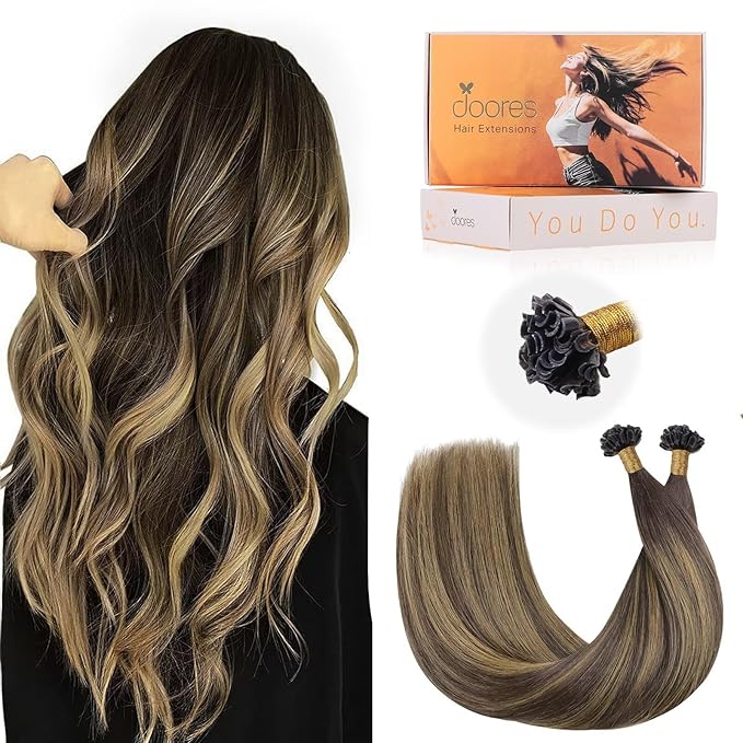 DOORES K Tip Hair Extensions Real Human Hair, Chocolate Brown to Caramel Blonde 24 Inch 50g/50s, U Tip Extensions Long Straight