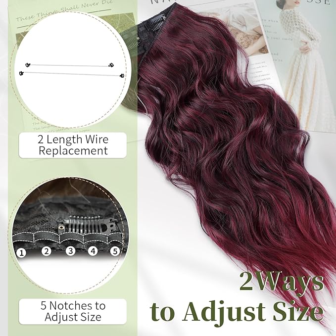 KooKaStyle Invisible Wire Hair Extensions with Transparent Headband Adjustable Size 4 Secure Clips Long Wavy Hairpiece 20 Inch Ombre Burgundy mix Black for Women