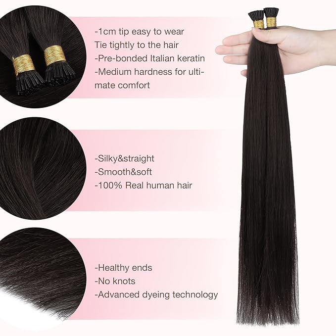 GOO GOO I Tip Hair Extensions Real Human Hair, 20inch 50g 50S, Cold Fusion I Tip Hair Extensions, Invisible Remy, 2 Dark Brown