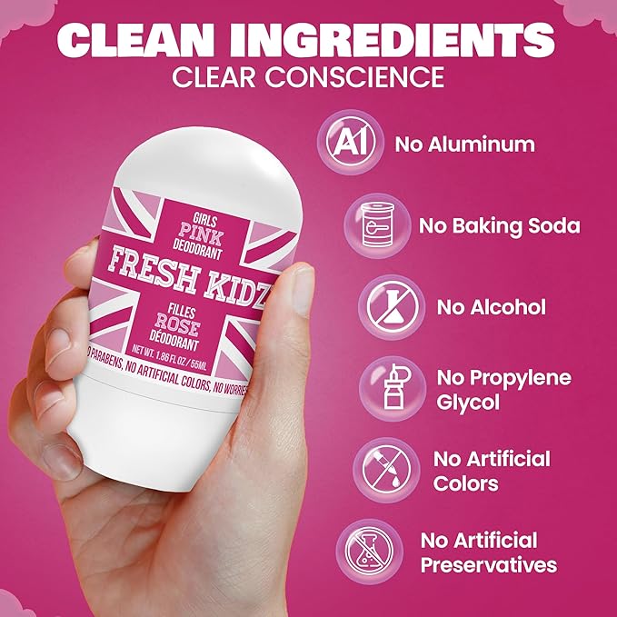 Fresh Kidz Roll On Deodorant for Kids and Teens - Baking Soda and Aluminum-free 24 Hour Protection for Sensitive Skin - Girls "Pink" 1.86 fl.oz. (2 Pack)