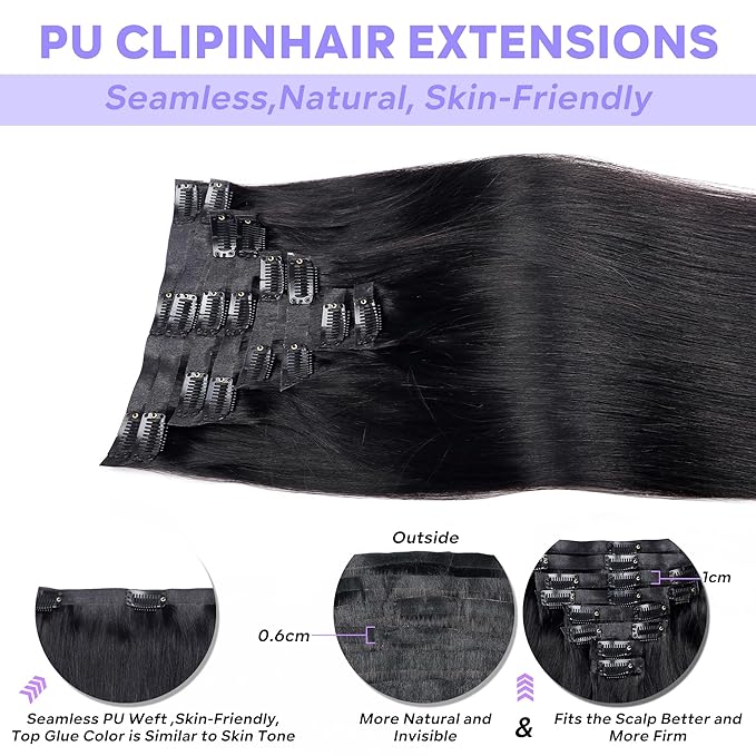 Seamless Clip in Hair Extensions Real Human Hair Straight Remy Human Hair Clip in Extensions for Women, Natural Soft Silk Straight Human Hair PU Thin Weft 8Pcs 120g #1B Natural Black