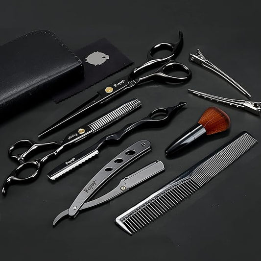 Hair Cutting Scissors Thinning Shears Kit for Haircutting, Fcysy Professional Barber Scissors Set, Black Haircut Scissor Blending Shears Straight Edge Razor Barber Supplies for Men Women