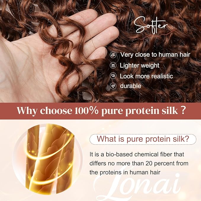 LONAI 4PC Clip in Hair Extensions, 100％ Pure Protein Silk Curly Hair Extension for Women, 26 Inch Long Soft Natural Hair Extensions-Copper Red