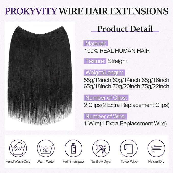 Halo Hair Extensions Real Human Hair,Halo Hair Extension 100% Human Hair, Wire Hair Extensions,Straight 01 Jet Black 12inch/55g