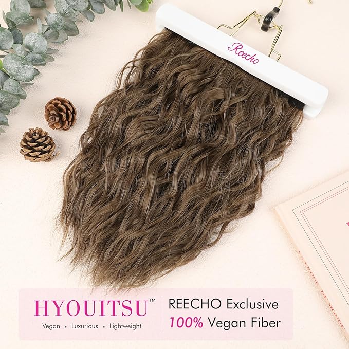 REECHO Clip in Hair Extensions - 4PCS Short Curly Wavy Hairpieces, 12" Invisible Lace Weft, Natural Soft, Light Chestnut Brown