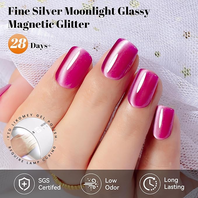 YTD Likomey Cat Eye Gel Nail Polish,Silk Glass 15ml Hot Pink Magnetic Shimmer Glitter Moonlight Jelly Shiny Salon Home Fall Winter UV Color Varnish with Magnet Stick,HEMA Free TPO Free,MY502