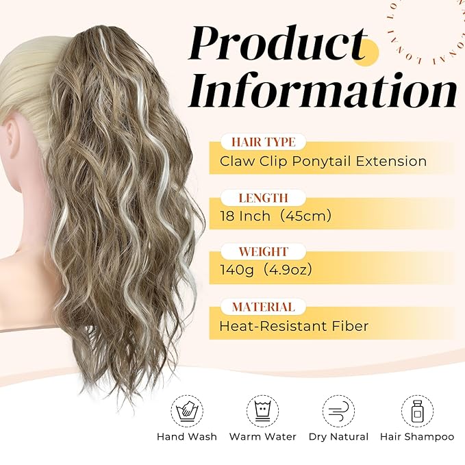 LONAI Ponytail Extension, 18" Wavy Claw Clip Ponytail Extensions ZJ001 Curly Wavy Claw Clip in Hair Extensions Synthetic Fake Pony tails Hairpieces-Ash Brown with Blonde Highlights