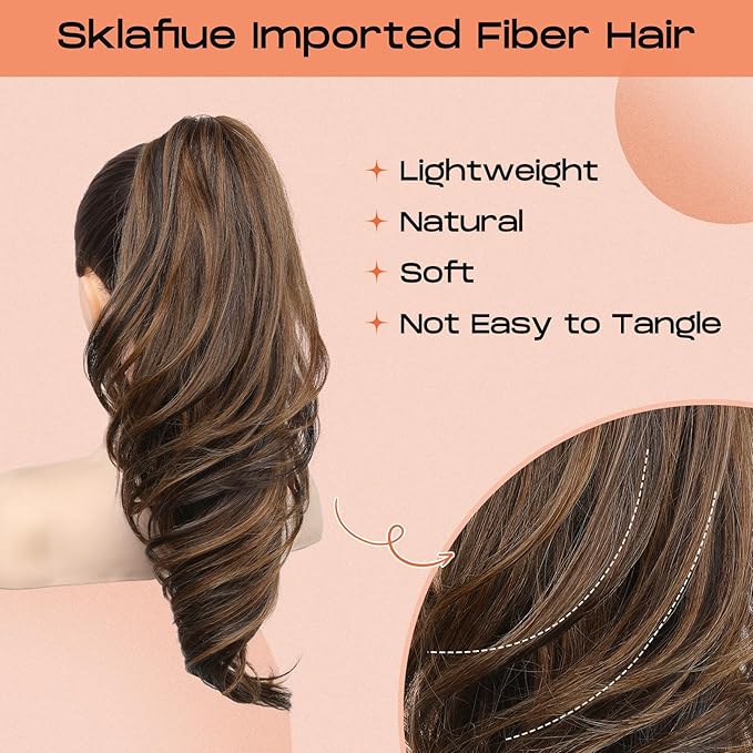 SEIKEA Ponytail Extension, 18" Wavy Claw Clip in Hair Extensions for Women, Lightweight Fluffy Synthetic Ponytail Hairpiece, Natural Soft & Easy to Wear, for Short & Medium Hair Glazed Mahogany