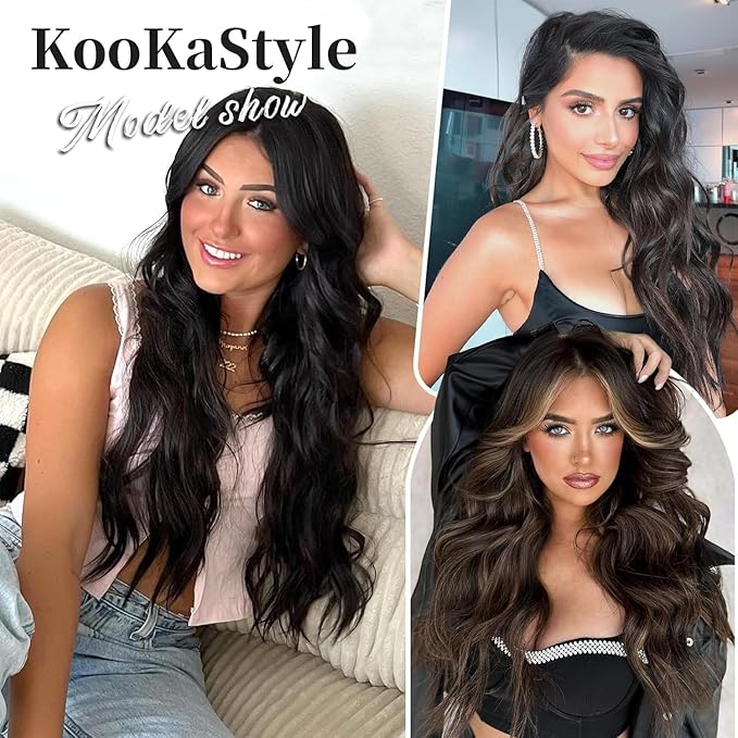 KooKaStyle Invisible Wire Hair Extensions with Transparent Headband Adjustable Size 4 Secure Clips Long Wavy Secret Wire Hairpiece for Women(24 Inch Natural Black)