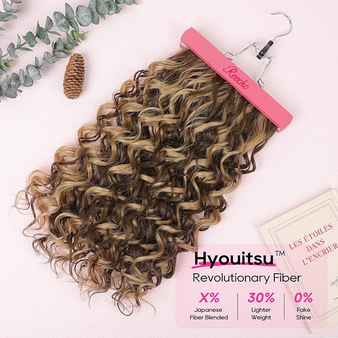 REECHO Curly Hair Extensions, 4PCS 20 inch Clip in Hair Extensions Lace Weft Short Curly Extensions Clip Ins Invisible Natural Hairpieces for Women, Chocolate Brown with Highlights