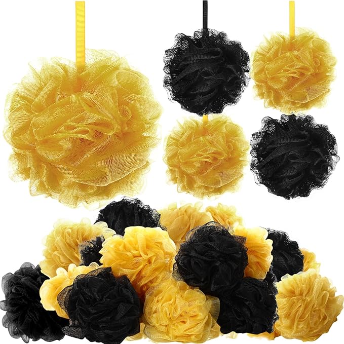12 Pcs Christmas Bath Loofah Sponge Red Green Loofah Exfoliating Body Scrubber Shower Sponge 50g Mesh Shower Pouf Balls Gift Set for Women Men Bathing Accessories(Gold and Black)