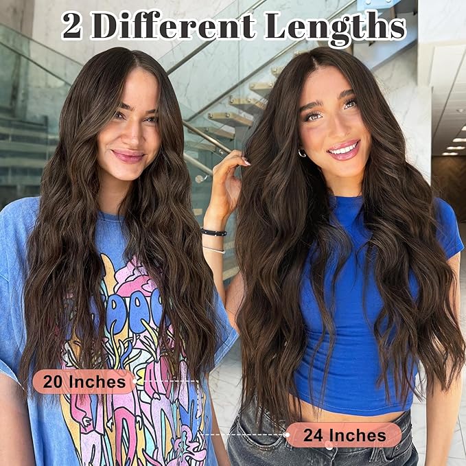 ALXNAN Clip in Hair Extensions for Women,Chocolate Brown with Dark Brown Long Wavy Hair Extensions Clip Ins 4PCS 20 Inch Synthetic Soft and Natural Thick Hair Pieces for Women