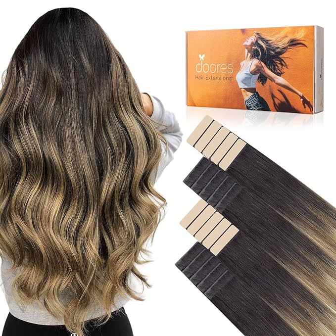 DOORES Invisi Edge Human Hair Tape in Extensions, Dark Brown to Dirty Blonde 10 Injection Tape-ins with 10 Classic Tape-ins 50g 14 Inch, Virgin Hair Injection Tape in Extensions