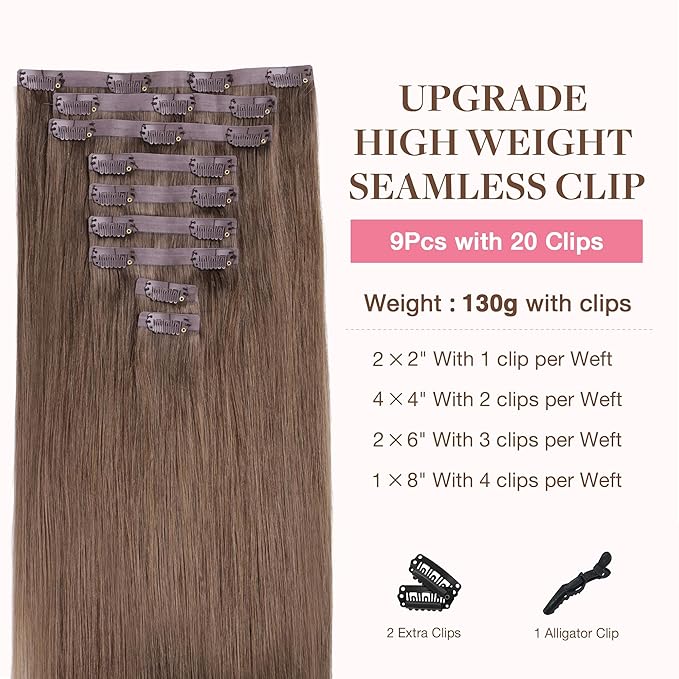 GOO GOO Clip in Hair Extensions Real Human Hair, Remy Human Hair Extensions Clip ins for Women, Natural Human Hair, 14inch 130g 9Pcs, 5 Light Ash Brown