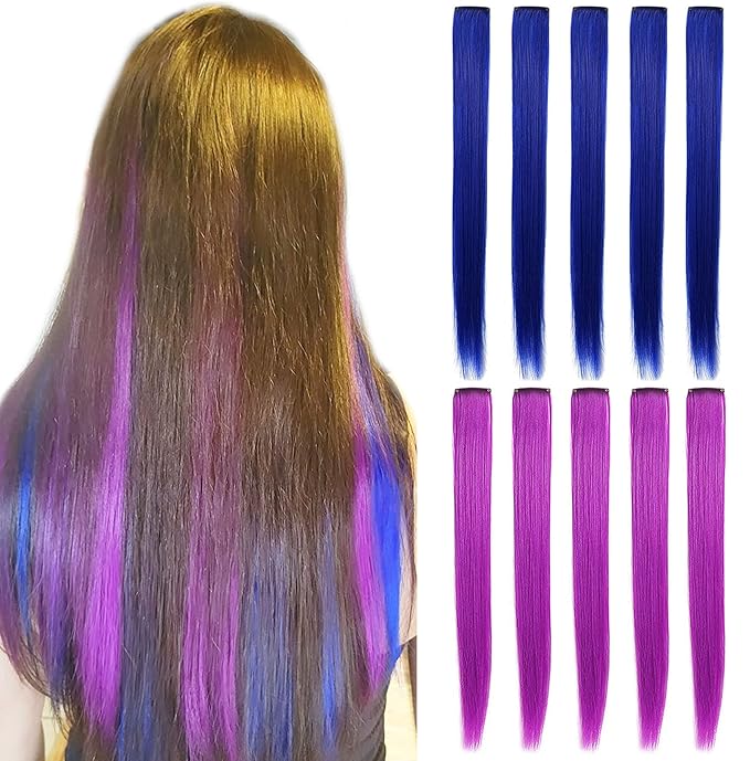 Rhyme Purple Blue Wig Hairpieces 21 inch Colored Hair Extension Clip in/on for Amercian Girls and Women Princess Party Highlight Wig Pieces for Girls 12 PCS (Purple Blue)