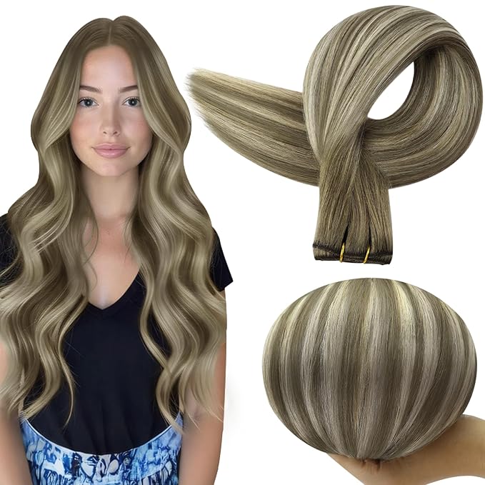 Full Shine Weft Hair Extensions Human Hair Sew In Extensions Remy Hair Color 7/7/800 Ash Brown To Blonde Mix Brown Hair Extensions Sew In Machine Tied Weft Soft Silky Hair 14 Inch 100G