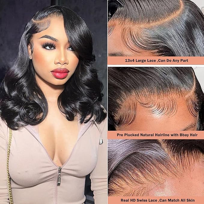 Bob Wig Human Hair Body Wave HD Lace Front Wigs Human Hair 250% Density 13x4 Glueless Wigs Human Hair Pre Plucked Short Bob Wigs for Black Women Natural Black Color (10 inch, Bob Wig)