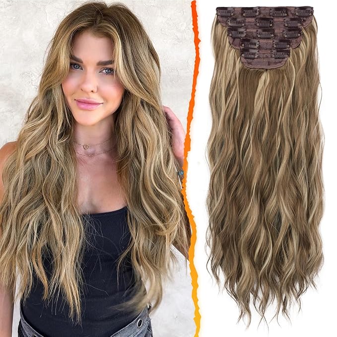 BARSDAR Clip in Hair Extensions - 20 Inch Wavy Highlight Hair Extensions - 5PCs Thick Soft Synthetic Clip in Hairpieces Daily Party Halloween - Ash Brown & Blonde