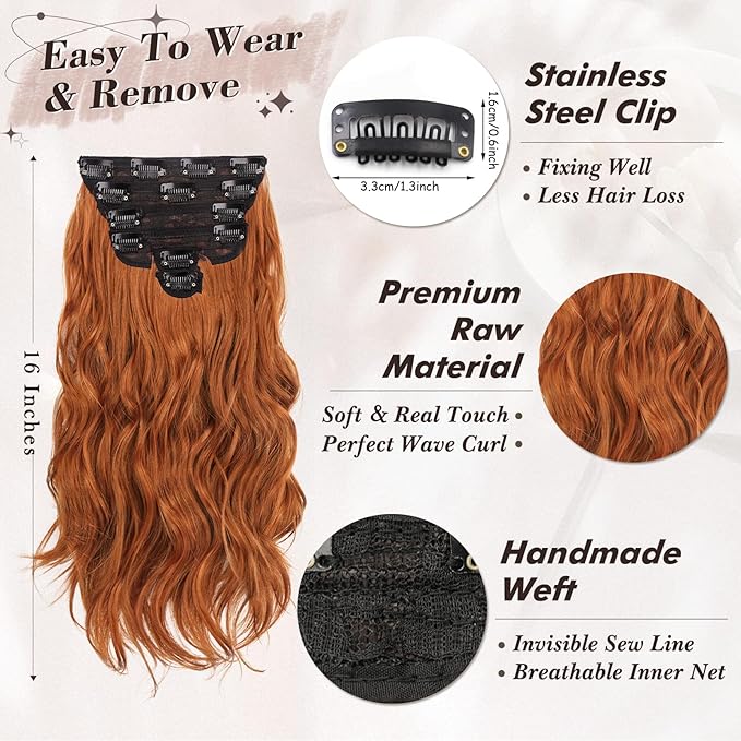 BARSDAR Ginger Copper Clip in Hair Extensions - 16 Inch 6PCs Full Head Beach Wavy Clip in Hair Extensions for Women - Voluminous Thick Soft Synthetic Hairpieces Daily Party Halloween- Ginger Copper