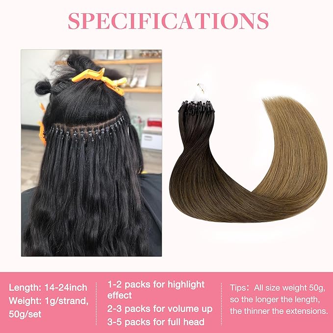 GOO GOO Micro Link Tip Hair Extensions, Real Human Hair, 22inch 50g 50S, Cold Fusion, Invisible Remy, Chocolate Dip Color Melt
