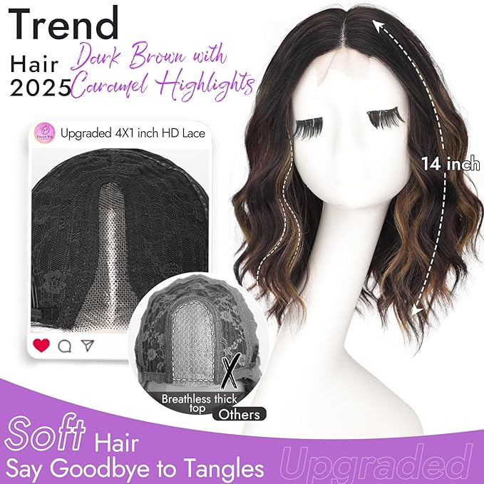 Dark Brown with Caramel Highlights Short Wavy Wig for Women Lace Hairline Bob Style Synthetic Heat Resistant - Natural Appearance for Everyday Hairstyle 14 Inch