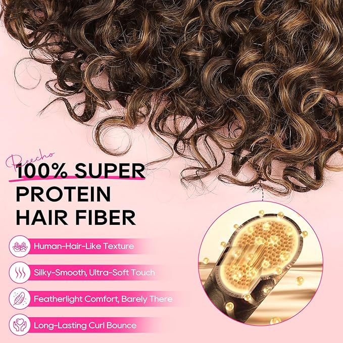 REECHO Curly Hair Extensions - 4PCS 14" GoGo Curly Clip in Hair Extensions 100% Super Protein Hairpieces with Invisible Lace Weft Silky Soft Natural Look - Chocolate Brown with Golden Highlights