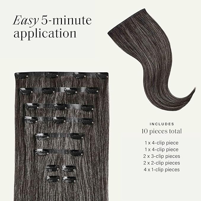 Luxy 100% Remy Human Hair - Seamless Clip-In Hair Extensions - Multi-Dimensional Color for Natural Blending, Adds Volume & Length 50 grams 12" Dark Grey Seamless
