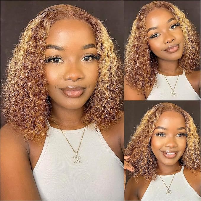 13x4 Honey Blonde Wig Human Hair #4/27 Highlight Ombre Lace Front Wig Human Hair 14 Inch Kinky Curly Bob Colored Wigs for Black Women 180% Density