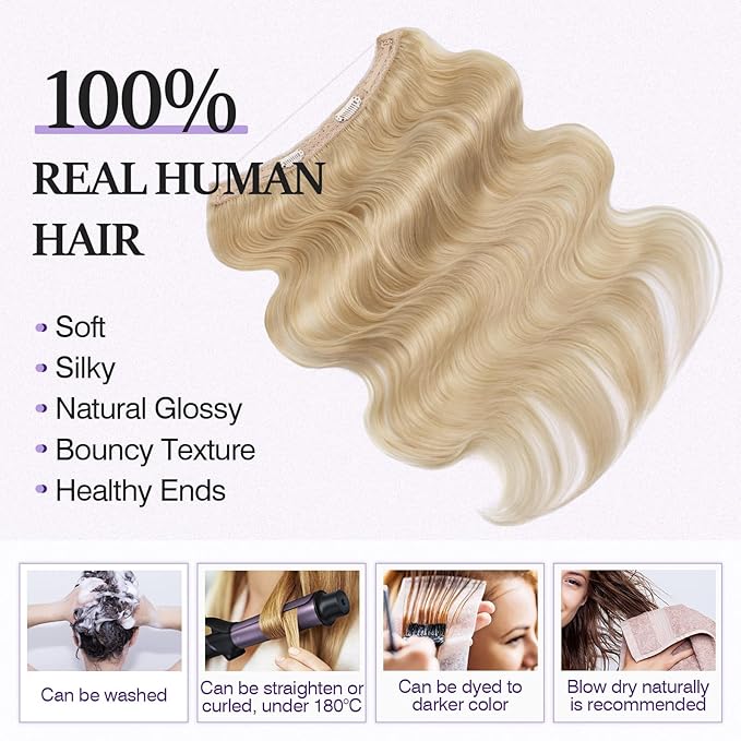Halo Hair Extensions Real Human Hair,Halo Hair Extension 100% Human Hair,Wire Hair Extensions,Wavy 60 Platinum Blonde 65g/18inch