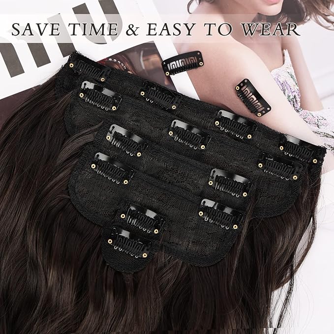 NAYOO Clip in Hair Extensions for Women 20 Inch Long Wavy Curly Dark Brown Hairpieces Full Head Synthetic Hair Hairpieces(6PCS,Dark Brown)
