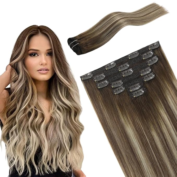 Hair Extensions Human Hair 16inch Clip in Extensions Balayage Walnut Brown to Ash Brown Mix Light Blonde Ombre Double Weft Real Human Remy Hair 120g 7pc